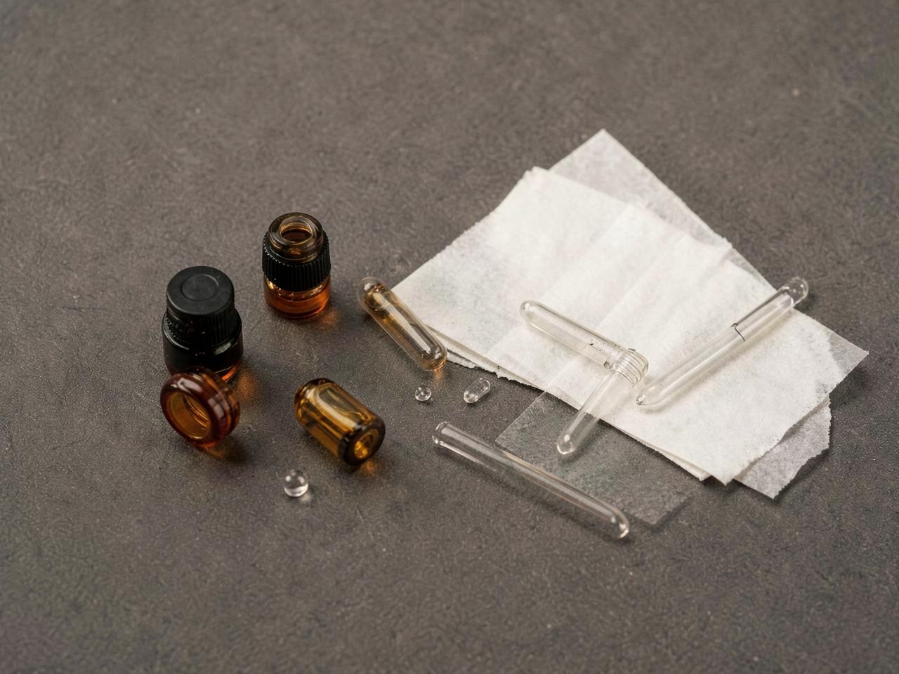 Fragrance vials and pipettes during development work