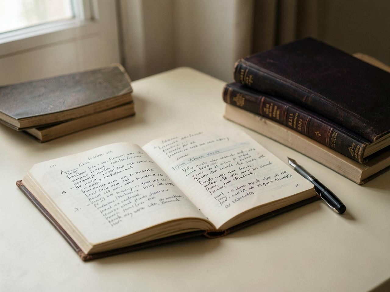 Books and research notes on a desk